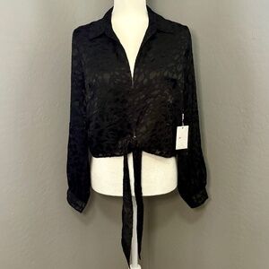 NWT Good American‎ 2 (M) Long Sleeve Tie Front Black Leopard Burnout Blouse